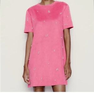 Zara faux suede pink embellished dress
